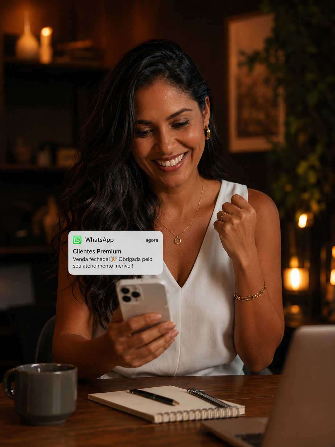 Mulher recebendo notificação no WhatsApp