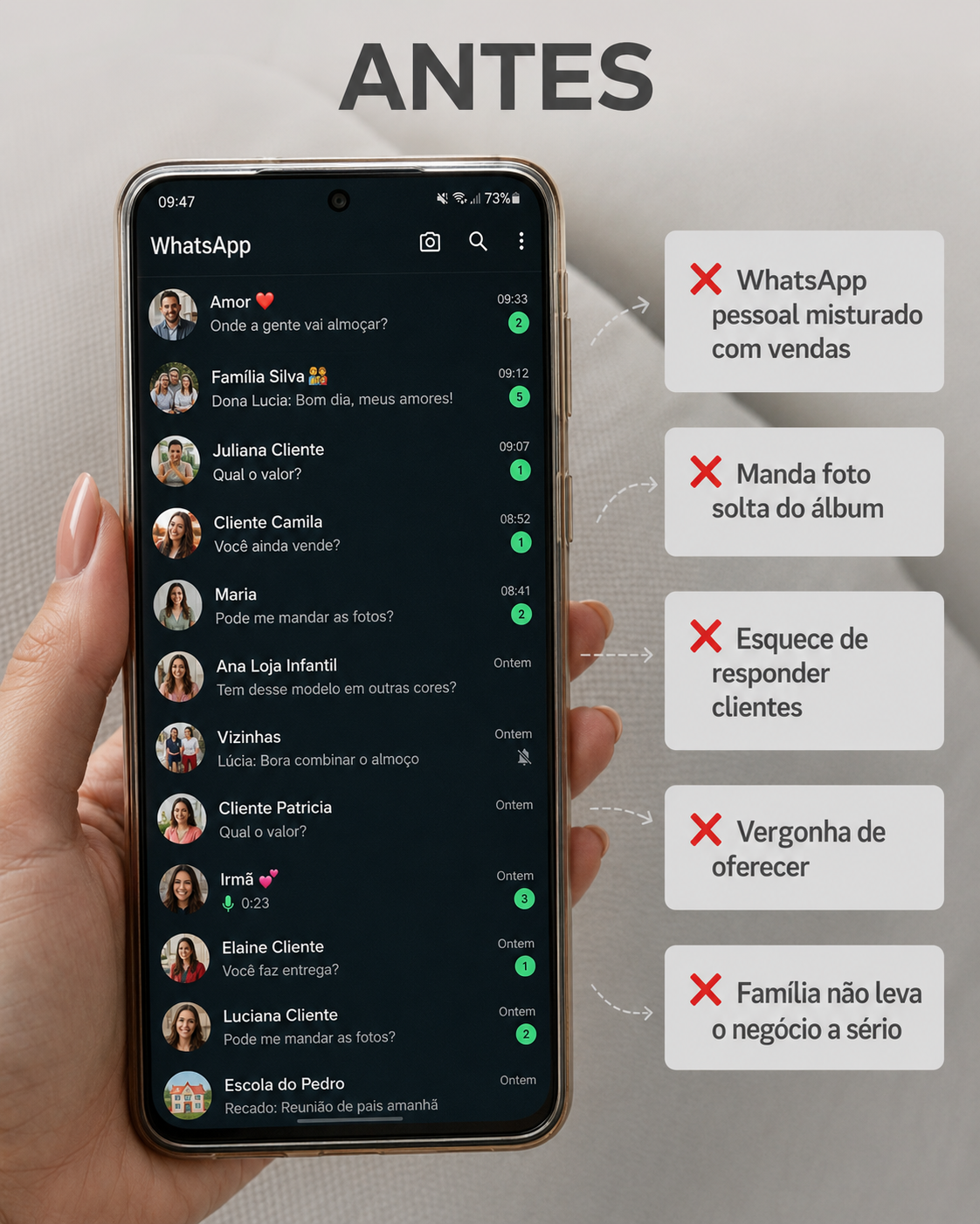 WhatsApp antes — desorganizado